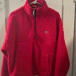 Tommy Hilfiger Womens 3/4 zip front sherpa Crop Pullover L Red NWT